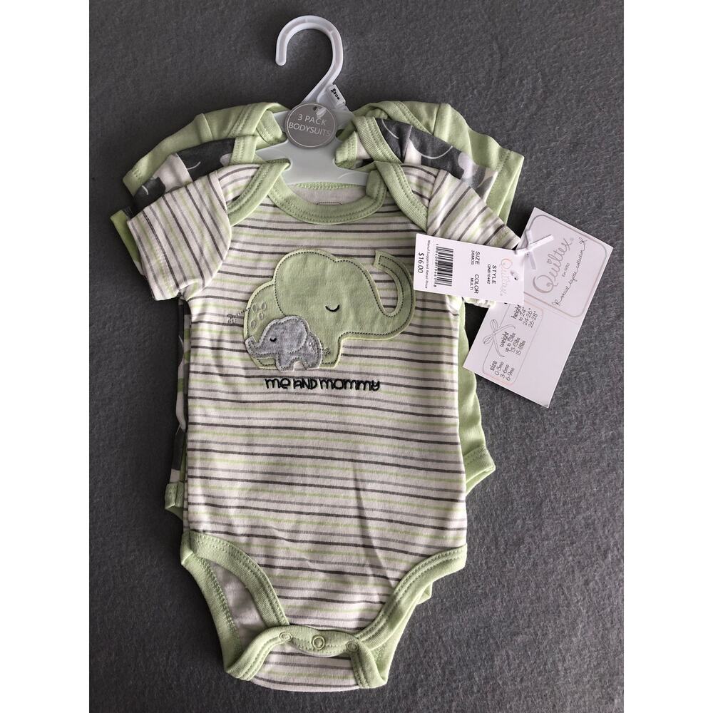 Quiltex 3-Pack Bodysuits in Green Infant 3 to 6 Months NEW